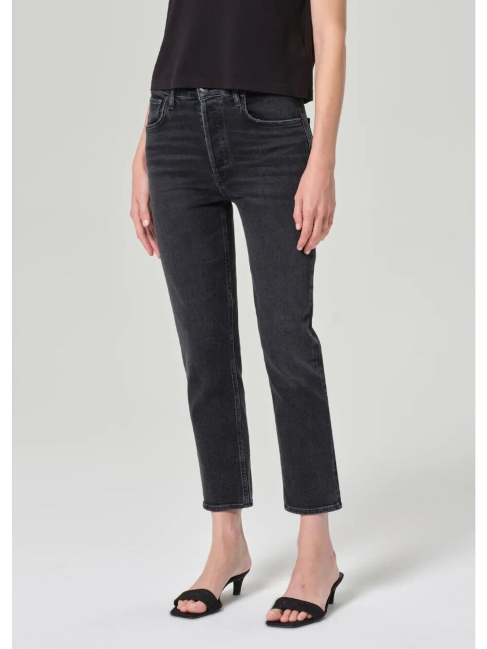 AGOLDE Black Denim Riley Slim Ankle Crop Jeans, Size 26